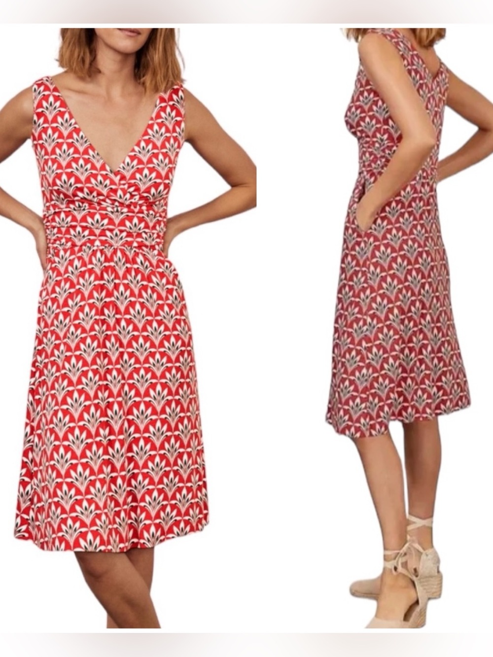 Boden Red Floral V Neck Knee Length Jersey Dress Size 4R